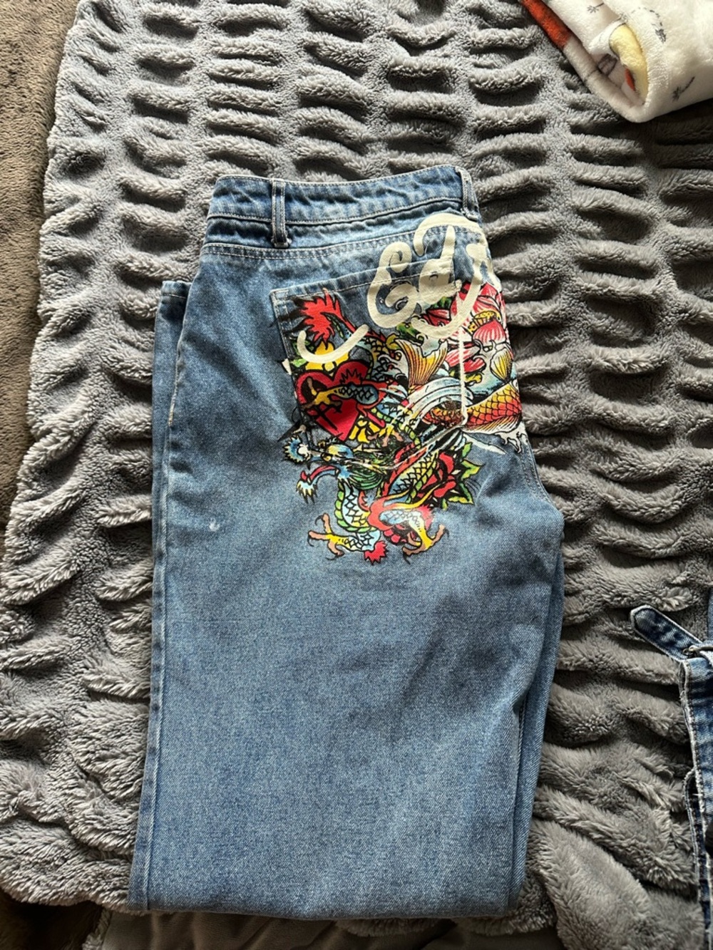 Ed Hardy Blue Denim Jeans with Colorful Embroidered Snake and Tiger Patch